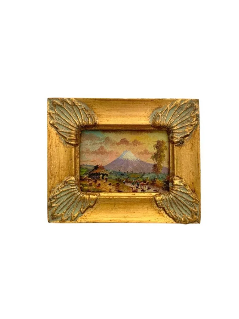 Volcano Painting Peruvian Landscape Original Mini Oil on Board Vintage Folk Art